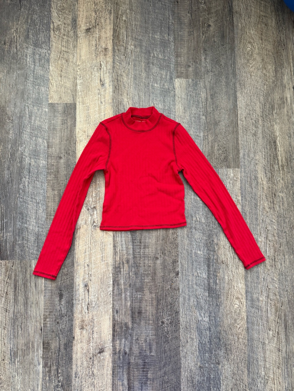 American Eagle Red Pointelle Long Sleeve Top Contrast Stitching Medium